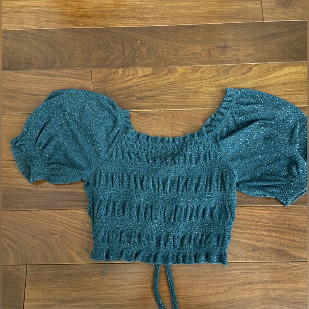 Urban Outfitters Teal Shimmer Smocked Puff Sleeve Crop Top